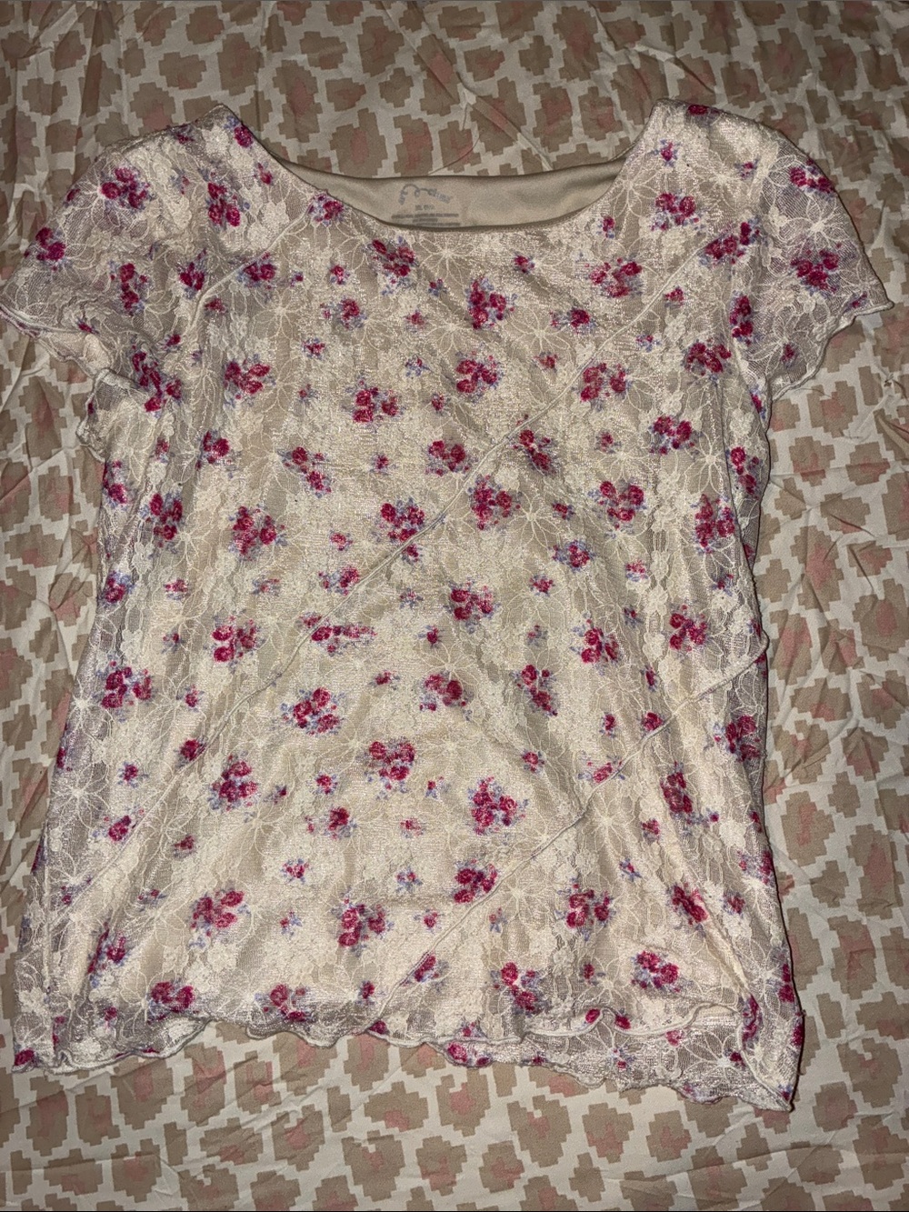 Art Class Cream Short Sleeve Lace Tee with Pink Floral Detail